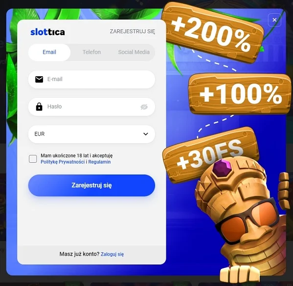 Formularz rejestracyjny Slottica casino